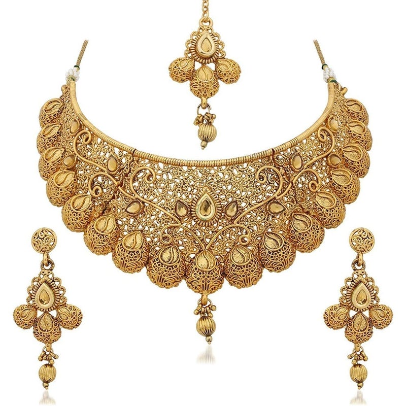 Efulgenz Indian Bridal Jewelry Set for Wedding Indian Gold Jewelry Traditional Bollywood Crystal Kundan Choker Necklace Earrings Maang Tikka - Image 1